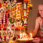 Guru Maharaja Offering Arati to Kaliya Mardana Krsna