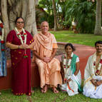 Guru Maharaja with New Initiates – Lila-sakti, Bhakti-Candrika, Krsna-Madhuri and Manohara